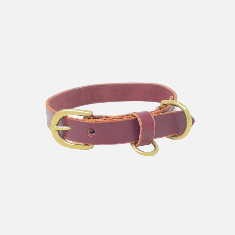Last State Leather - X Small Leather Collar - Burgundy/Brass