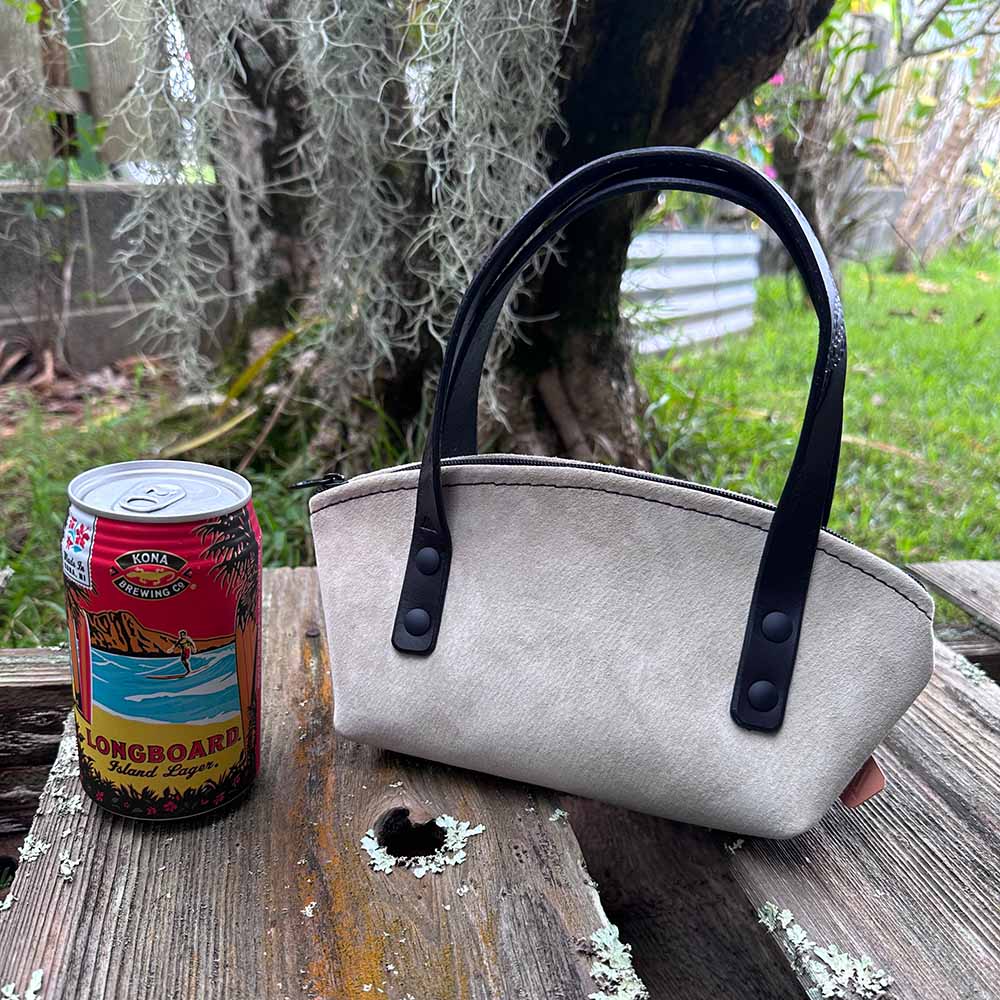 last state leather's suede mini handbag in slate with black handles size reference view
