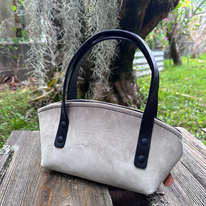 last state leather's suede mini handbag in slate with black handles profile view