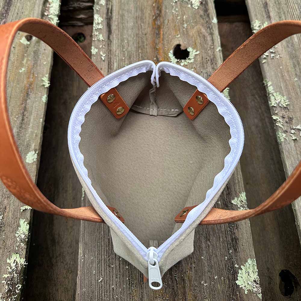 last state leather's suede mini handbag in slate with chestnut handles inside view