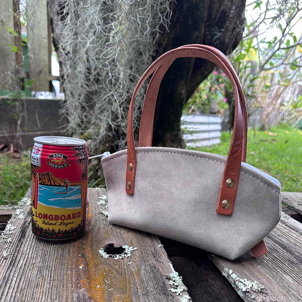 last state leather's suede mini handbag in slate with chestnut handles size reference view