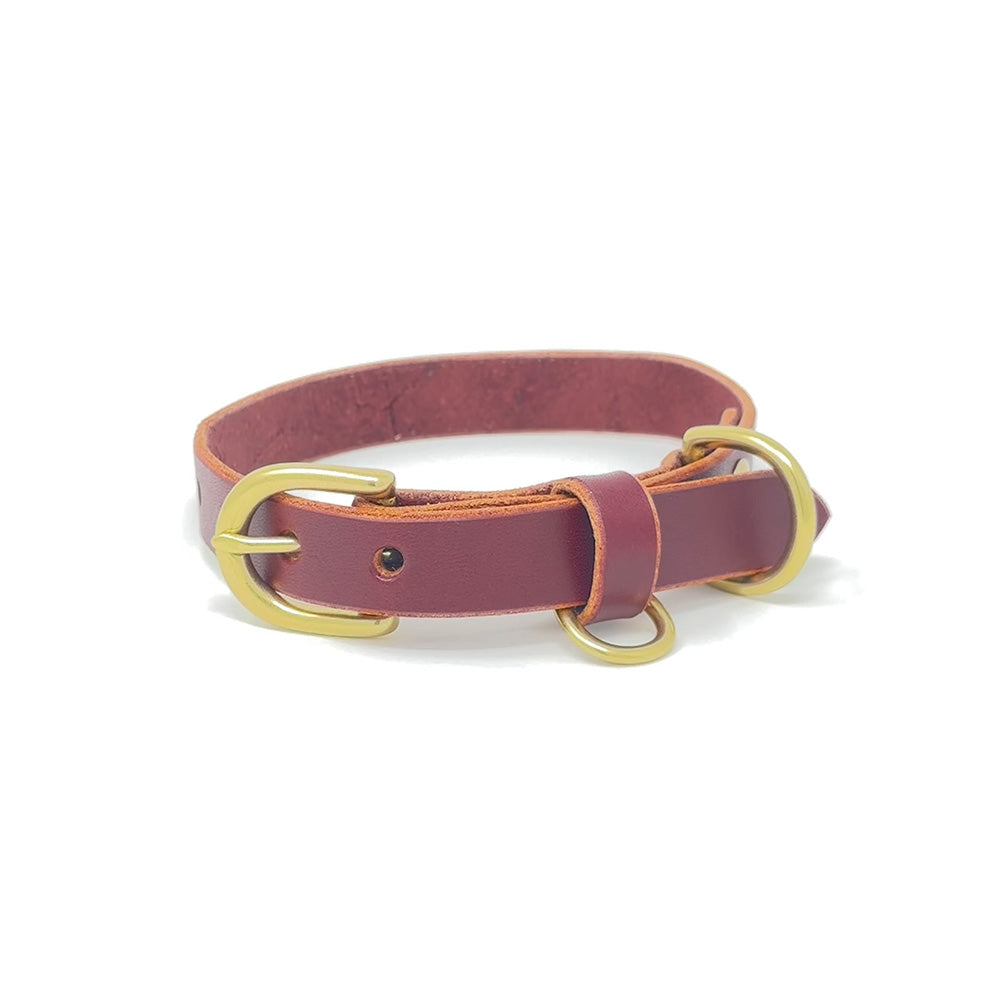 Last State Leather - X Small Leather Collar - Burgundy/Brass